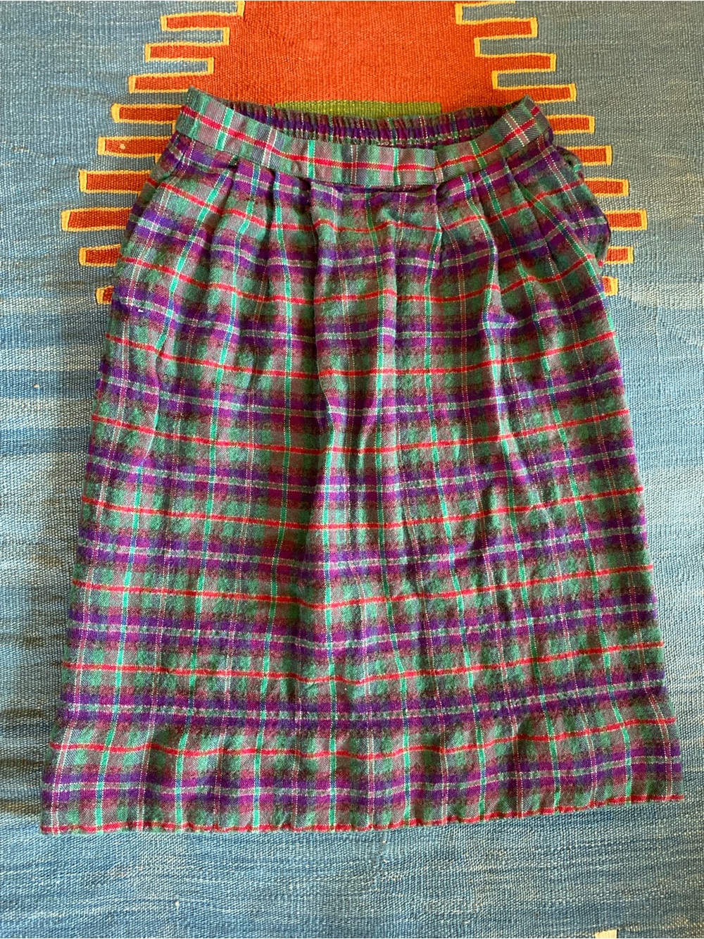 Doncaster Green & Purple Plaid Wool-Blend Midi Skirt